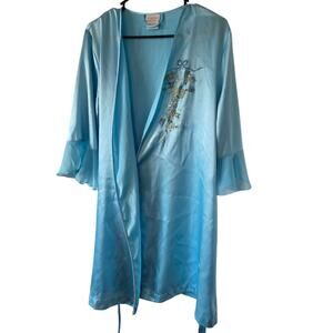 Vtg Secret Treasures M Blue Satin Robe Embroidered Flowers Butterfly Night
